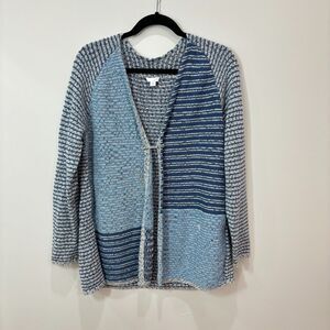 J Jill Sweater Womens M Blue Open Front Knit Cardigan Coastal Nautical Patchwork